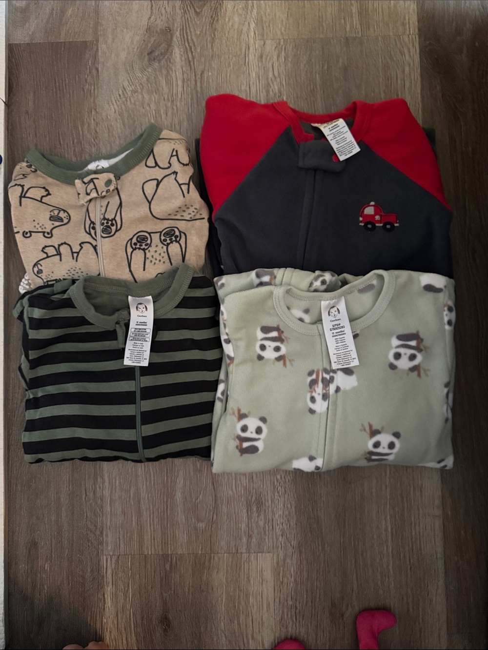 Kids Plush Footed Pajama Set - Green Panda & Mixed Prints